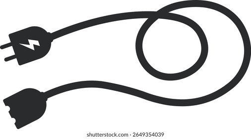 Ilustración vectorial de un enchufe desconectado y un cable de enchufe. Silueta negra mínima con icono de energía. Perfecto para conceptos de tecnología, falla de energía y electricidad.