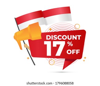 Vektorgrafik von Discount 17% Banner mit Lautsprecher und indonesische Flagge für feiern Unabhängigkeit Tag von Indonesien. gut für Werbung, Social Media Post, Story, Promotion, Poster, Flyer.