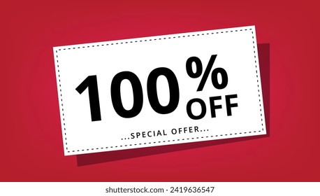 Vector illustration of discount coupon with 100% off special offer. Discount banner.