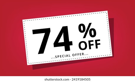 Ilustración vectorial de cupón de descuento con 74% de descuento en oferta especial. Cartel de descuento.