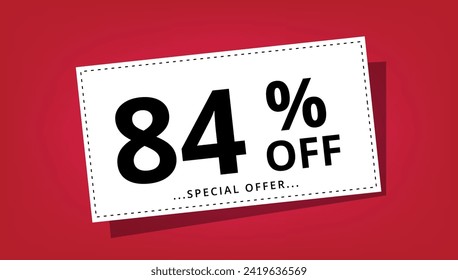 Ilustración vectorial de cupón de descuento con 84% de descuento en oferta especial. Cartel de descuento.