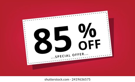 Ilustración vectorial de cupón de descuento con 85% de descuento en oferta especial. Cartel de descuento.