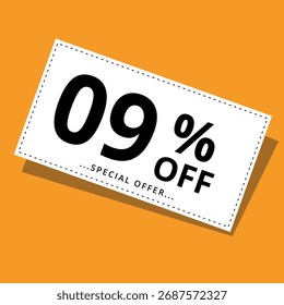 Ilustración vectorial de un Cupón de descuento sobre un fondo amarillo. Arte para promociones, super descuentos y 09% de descuento en Anuncios para Sitios web y recursos gráficos.