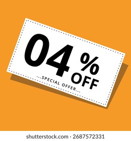 Vector illustration of a discount coupon on a yellow background. Art for promotions, super discounts, and 04% off banners for websites and graphic resources