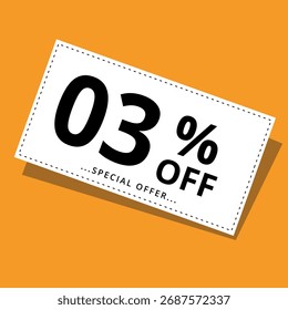 Vector illustration of a discount coupon on a yellow background. Art for promotions, super discounts, and 03% off banners for websites and graphic resources.