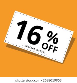 Vector illustration of a discount coupon on a yellow background. Art for promotions, super discounts, and 16% off banners for websites and graphic resources.