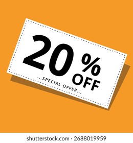 Vector illustration of a discount coupon on a yellow background. Art for promotions, super discounts, and 20% off banners for websites and graphic resources