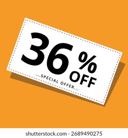Ilustración vectorial de un Cupón de descuento sobre un fondo amarillo. Arte para promociones, súper descuentos y 36% de descuento en Anuncios para Sitios web y recursos gráficos.