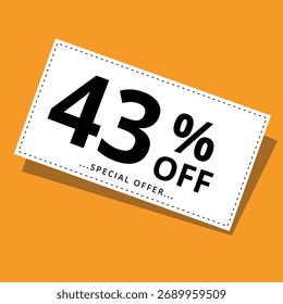 Vector illustration of a discount coupon on a yellow background. Art for promotions, super discounts, and 43% off banners for websites and graphic resources.