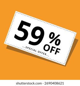 Vektorgrafik eines Rabattcoupons auf gelbem Hintergrund. Kunst für Werbeaktionen, Superrabatte und 59 % Rabatt auf Banner für Websites und grafische Ressourcen.