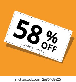 Vector illustration of a discount coupon on a yellow background. Art for promotions, super discounts, and 58% off banners for websites and graphic resources.