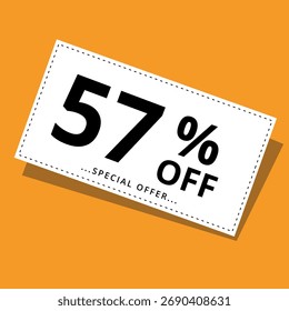 Vektorgrafik eines Rabattcoupons auf gelbem Hintergrund. Kunst für Werbeaktionen, Superrabatte und 57 % Rabatt auf Banner für Websites und grafische Ressourcen.