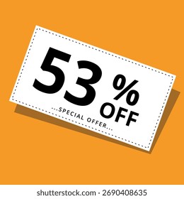 Ilustración vectorial de un Cupón de descuento sobre un fondo amarillo. Arte para promociones, súper descuentos y 53% de descuento en Anuncios para Sitios web y recursos gráficos.