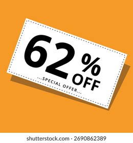 Ilustración vectorial de un Cupón de descuento sobre un fondo amarillo. Arte para promociones, súper descuentos y un 62% de descuento en Anuncios para Sitios web y recursos gráficos.