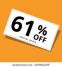 Vector illustration of a discount coupon on a yellow background. Art for promotions, super discounts, and 61% off banners for websites and graphic resources.