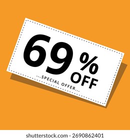 Ilustração vetorial de um cupom de desconto sobre um fundo amarelo. Arte para promoções, super descontos e banners 69% off para sites e recursos gráficos.