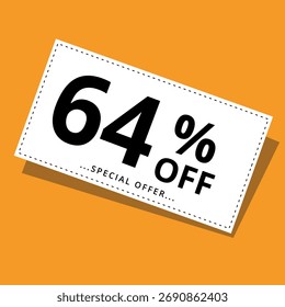 Ilustración vectorial de un Cupón de descuento sobre un fondo amarillo. Arte para promociones, súper descuentos, y un 64% de descuento en Anuncios para Sitios web y recursos gráficos.