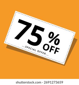 Ilustración vectorial de un Cupón de descuento sobre un fondo amarillo. Arte para promociones, súper descuentos y 75% de descuento en Anuncios para Sitios web y recursos gráficos.