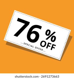 Vector illustration of a discount coupon on a yellow background. Art for promotions, super discounts, and 76% off banners for websites and graphic resources.