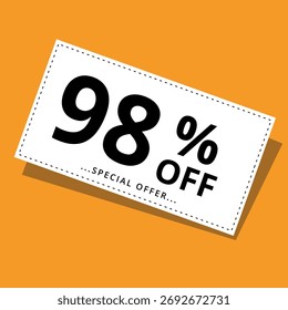 Ilustración vectorial de un Cupón de descuento sobre un fondo amarillo. Arte para promociones, súper descuentos y 98% de descuento en Anuncios para Sitios web y recursos gráficos.