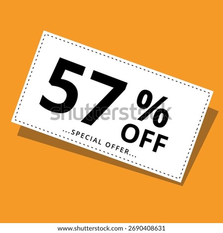 Vector illustration of a discount coupon on a yellow background. Art for promotions, super discounts, and 57% off banners for websites and graphic resources.