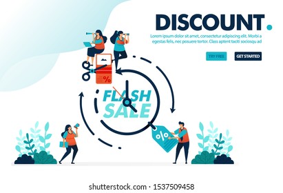 Vector illustration discount & flash sale. People fighting and claiming discount voucher within a period. Time for a flash sale. Designed for landing page, web, banner, mobile, template, flyer, poster