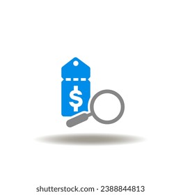 Vector illustration of discount tag with dollar currency and magnifier. Icon of sale. Symbol of discount.