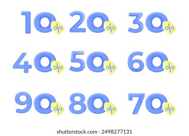 vector illustration, Discount tag percentage icons (10%-90%) set. in vibrant blue and yellow. Perfect for highlighting sales, offers, and promotions on websites and marketing materials.