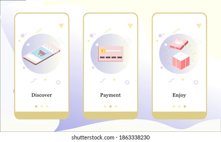 Vector illustration of Discover, Payment and Enjoy on the onboarding app screens and web concept. Interface Online Shopping UX, UI GUI onboard screen template for smart phone or web site banners.
