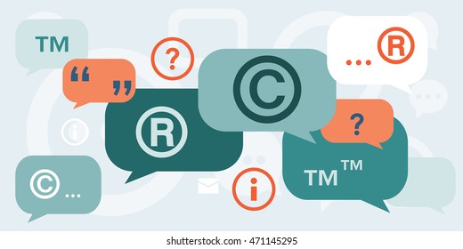 vector illustration of  discussion about copyright intellectual property and trademarks with speech bubbles and quotes