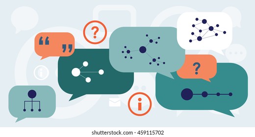 vector illustration of discussion about structures and models  with speech bubbles and dialog symbols