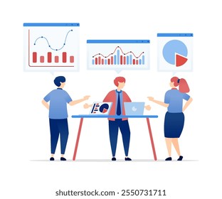 Ilustración vectorial de la discusión de los gráficos financieros para la planificación estratégica y los objetivos futuros en una mesa de reunión Corporativa. Se puede utilizar para Anuncios, Sitios web, App flyers