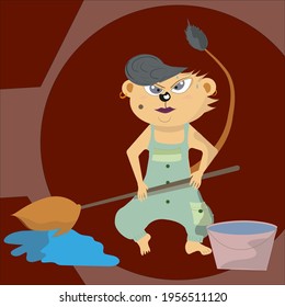 A vector illustration of a disgruntled cleaning lady is perfect for advertising household appliances (a robot vacuum cleaner, for example) or detergents