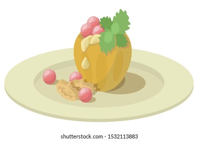 Vector illustration of dish with baked apple, cranberry berries, melissa leaves, walnut kernels, honey. Concept of healthy, proper, healthy food.