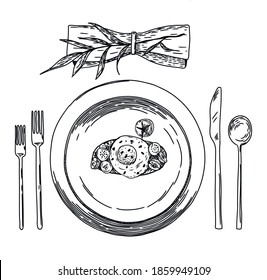 Vektorgrafik eines Schüssels mit Bruschetta. Tabelleneinstellung. Toast mit Ei und Kirschtomaten. Zeilengrafiken. Bild einzeln auf weißem Hintergrund. für die Speisekarte des Restaurants. Handzeichnung, Doodle