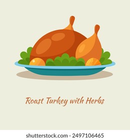 Vector illustration of a dish featuring roasted turkey with herbs, ideal for culinary presentations, menus, and festive decorations.