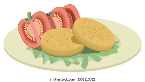 Vector illustration of a dish of fish cutlets, vegetables, which include tomato, lettuce. The concept is dietary nutrition, in particular, Scandinavian, Mediterranean diets.