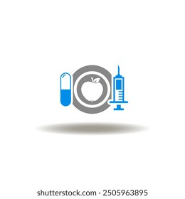 Vector illustration of dish plate with apple and pill capsule, syringe. Symbol of diet and treatment.