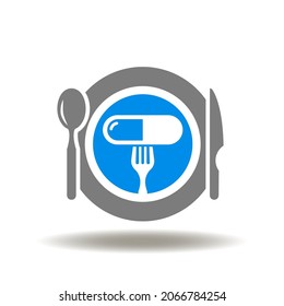 Ilustración vectorial de la placa de plato con cuchara, horquilla y cápsula de píldora. Icono de suplementos. Símbolo de medicación excesiva.