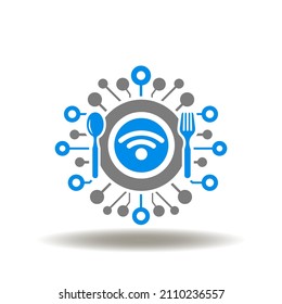 Vector illustration of dish plate with wireless wi-fi smart signal, circuit lines and spoon, fork. Icon of food tech. Symbol of foodtech. Food technology sign.