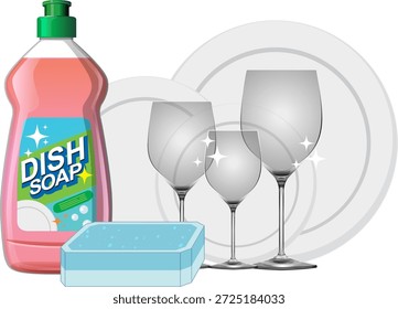 Vector illustration of dish soap, sponge, and sparkling clean wine glasses on white background