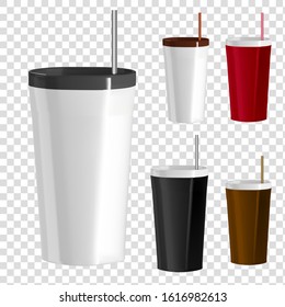 Vector illustration of dishes. Isolated image of glasses. Ceramic thermomugs with a straw.