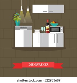 Vector illustration of dishwasher. Kitchen interior with furniture and appliances in flat style. Microwave, bottle of wine and bowl with fruits