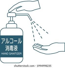 Vector illustration of disinfect hands with hand sanitizer (line icon). Translation: "hand sanitizer"