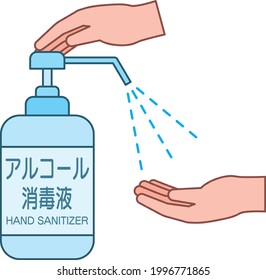 Vector illustration of disinfect hands with hand sanitizer (with line).  Translation: "hand sanitizer"