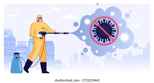 Vector illustration of Disinfectant workers or medical scientists in protective mask and suits cleaning and disinfecting coronavirus cells in city Preventive measures Pandemic MERS-CoV virus 2019-nCoV