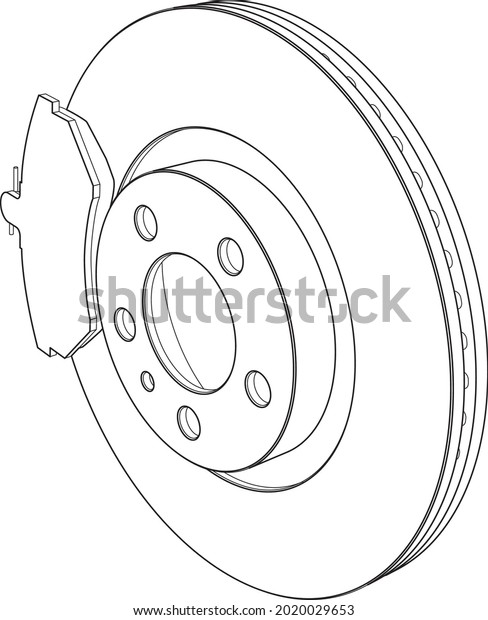 Vector illustration of disk brake with break pads\
line art isolated on\
white