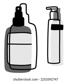 Ilustración vectorial del dispensador y del frasco de pulverización. Arte de línea. Diseño para cosméticos, skincare, cabello, productos de limpieza. Aislado en blanco. Para publicidad, peluquería, taller de maquillaje. Empaquetado de productos