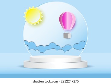 ilustración vectorial mostrar fondo de producto podio abstracto pastel forma geométrica de 3d forma circular papel cortado globo de nube azul ventana rosa sol amarillo