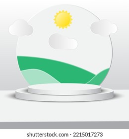 vector illustration display product background pastel abstract podium 3d  wallpaper three dimensional low geometric shape . display paper cut paper art green circle black white shadow sun yellow .